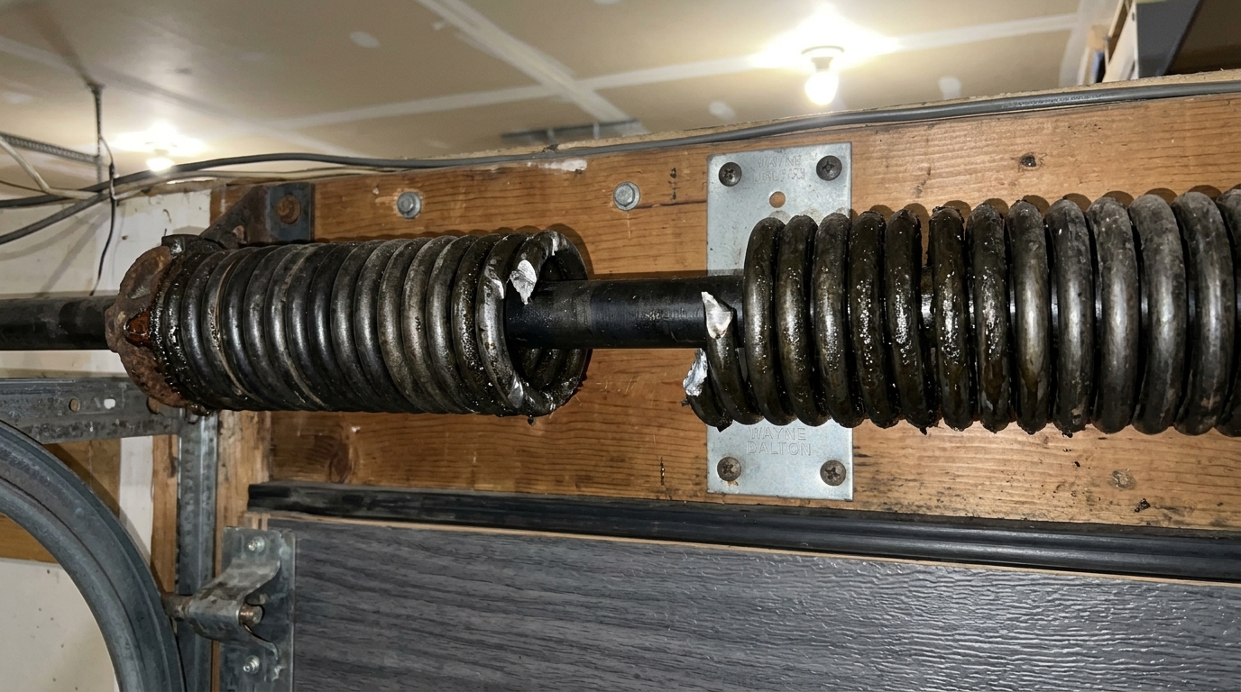 Broken garage door torsion spring coil fracture gap in Nationwide Master Operations