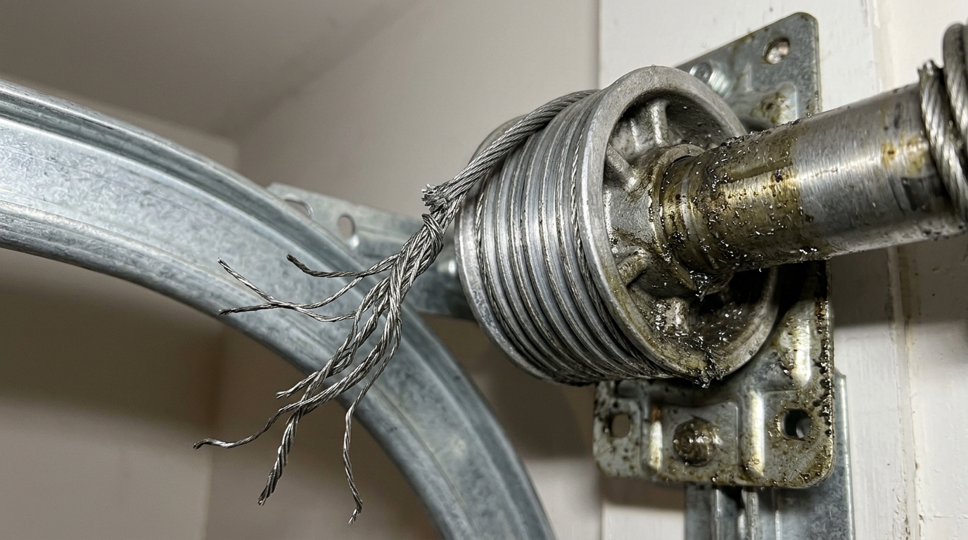 Snapped and frayed garage door lift cable dangling from drum in Nationwide Master Operations