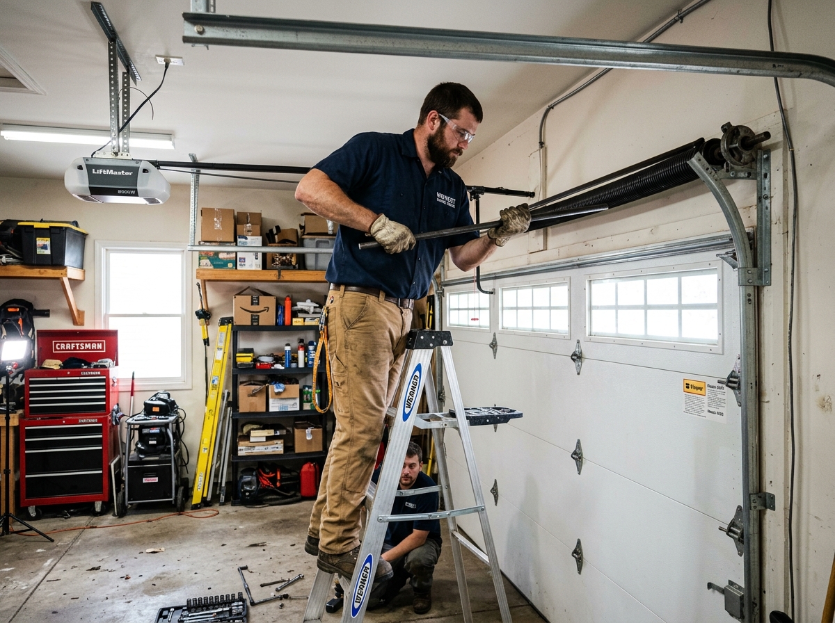 Certified garage door technician winding torsion spring in Naperville, IL
